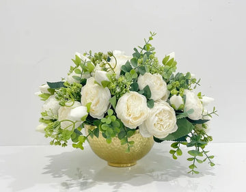 French Country White Peonies with Baby Green Spray Centerpiece In Timeless Gold Vase